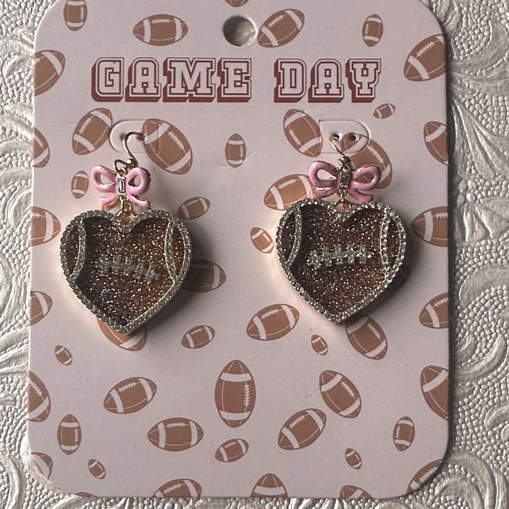 Heart-Shaped Pink Bow 🎀 Football 🏈 Glitter Dangle Earrings NWT